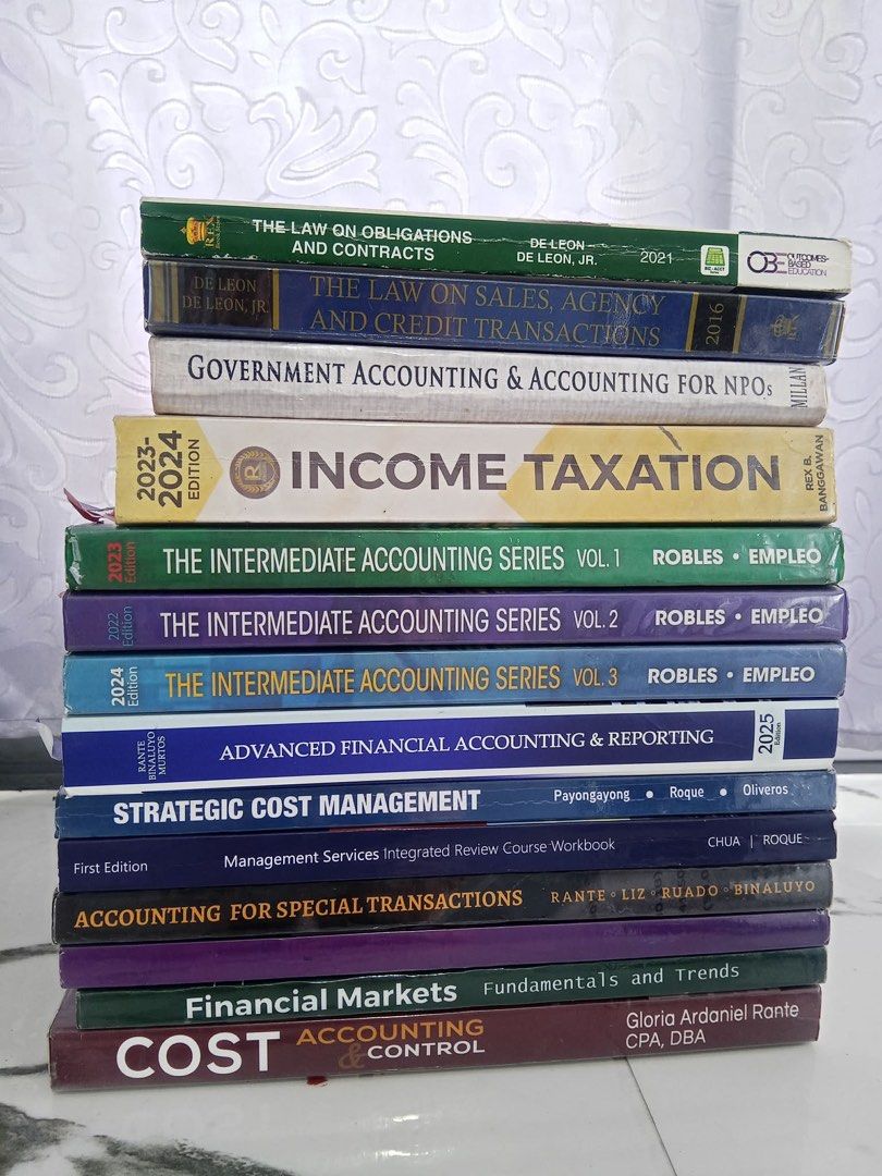 Accounting Books for Sale (Category: Textbooks) located in Santa Rosa. Submitted by czescakeeee (Listing ID 1450276006, Image 1). Description: Advanced Finacial Accounting & Reporting 2025 Edition Management Services Integrated Review The Law on Obligations and Contracts 2021 The Law on Sales, Agency and Credit Transactions 2016 Government Accounting & Accounting for NPOs Income Taxation 2023-2024 Edition Income Taxation 2021 Edition The Intermed