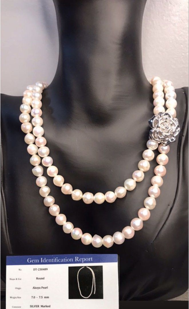 Akoya Pearl Necklace with Silver Clasp (Category: Necklaces) located in Las Pinas. Submitted by CocoBebeBeautiQ (Listing ID 1450219057, Image 1). Description: AUTO PASS TO LOW BALLER ‼️‼️‼️‼️ Akoya Pearl Necklace 📌with Camelia clip 📌80cm 7-7.5mm 📌With Certificate .