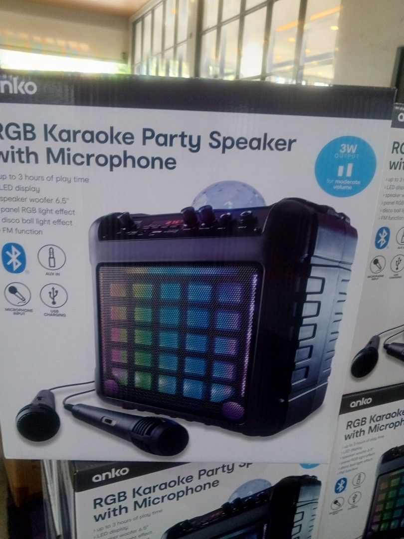 Anko RGB Karaoke Party Speaker with Microphone (Category: Soundbars, Speakers & Amplifiers) located in Caloocan City. Submitted by hmr.gomez (Listing ID 1450148820, Image 1). Description: - Anko RGB Karaoke Party Speaker with Microphone - Up to 3 hours of playtime - Features a 6.5" speaker - Built-in RGB panel light effect - Disco ball light effect for party vibes - Bluetooth and FM radio connectivity - Microphone input for karaoke fun - Includes