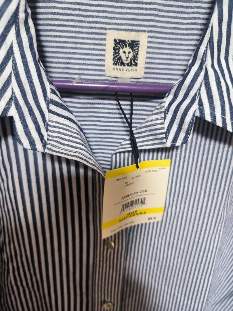 Anne klein mixed stripe button- down shirt (Category: Longsleeves) located in Cavite. Submitted by oncetop_declutter (Listing ID 1450192187, Image 2). Description: never used. stocked for 2 yrs. current trend. with hangtag need wash before use wringkled sue to storage.