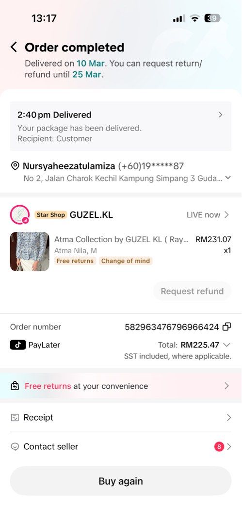 ATMA COLLECTION BY GUZEL KL (Category: Traditional & Ethnic wear) located in Taiping. Submitted by amijaae (Listing ID 1450178037, Image 3). Description: ONLY WORE ONCE DURING RAYA NAK LETGO SEBAB NK CLEAR WARDROBE SAYANG TAKUT BAJU ROSAK KALAU TAK PAKAI CONTIDITION 10/10.