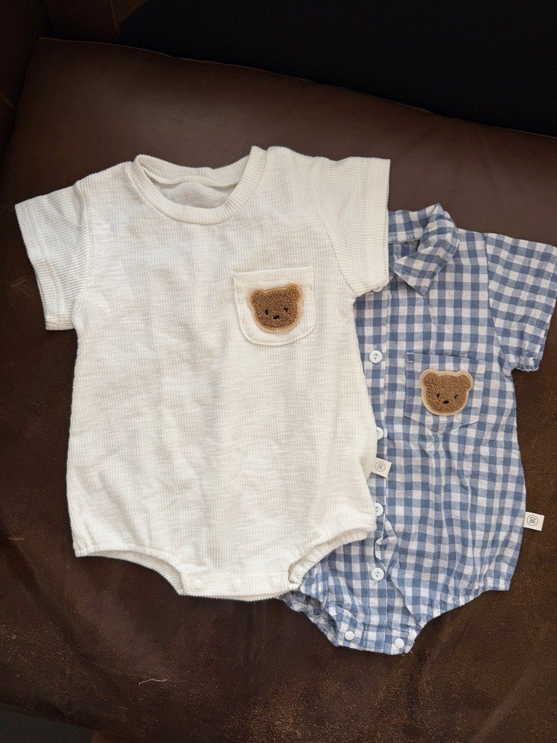 Baby Bear Rompers - White & Blue Gingham Set 2pcs Size90 (Category: Babies & Kids Fashion) located in Quezon City. Submitted by zelev (Listing ID 1450178384, Image 1). Description: - Set of 2 cute baby rompers - 1 white waffle knit romper with bear pocket - 1 blue gingham short-sleeve romper with bear pocket - Easy snap closures at the bottom for quick changes - Soft and comfortable fabric - Ideal for everyday wear or special occasions Size:90 Wo