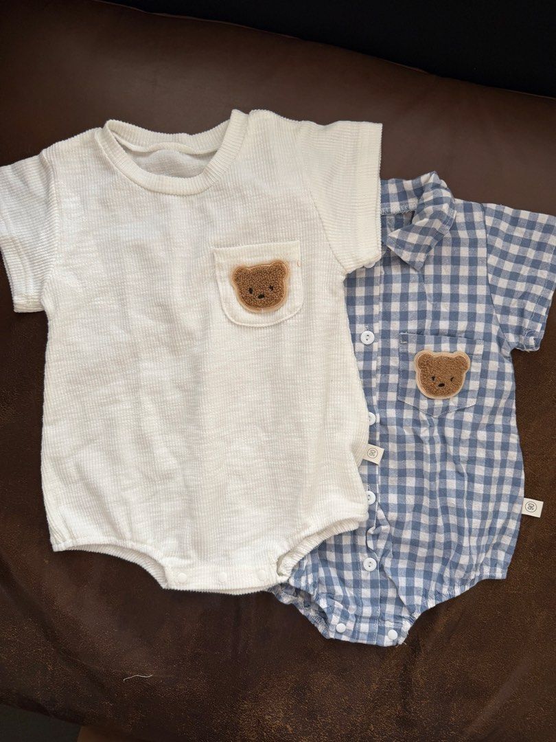Baby Bear Rompers - White & Blue Gingham Set 2pcs Size90 (Category: Babies & Kids Fashion) located in Quezon City. Submitted by zelev (Listing ID 1450178384, Image 2). Description: - Set of 2 cute baby rompers - 1 white waffle knit romper with bear pocket - 1 blue gingham short-sleeve romper with bear pocket - Easy snap closures at the bottom for quick changes - Soft and comfortable fabric - Ideal for everyday wear or special occasions Size:90 Wo