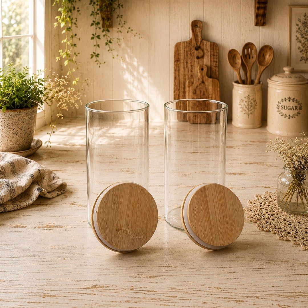 Bamboo Glass Jar (Category: Other Kitchenware & Tableware) located in Quezon City. Submitted by handpickedecors (Listing ID 1450316981, Image 2). Description: Bamboo Glass Jar 170.00/each Size: 3”D x 8”H.
