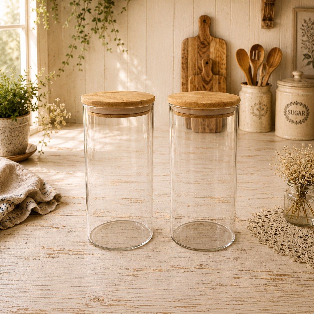 Bamboo Glass Jar (Category: Other Kitchenware & Tableware) located in Quezon City. Submitted by handpickedecors (Listing ID 1450316981, Image 1). Description: Bamboo Glass Jar 170.00/each Size: 3”D x 8”H.