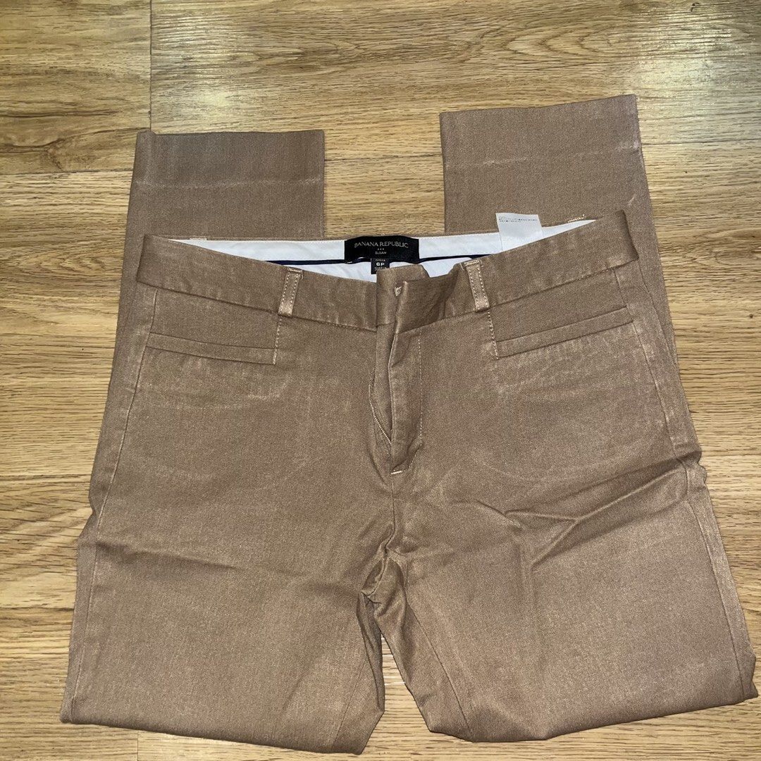 Banana Republic Sloan Pants Size (Category: Other Bottoms) located in Paranaque City. Submitted by kalattt (Listing ID 1450255075, Image 1). Description: - Banana Republic Sloan Pants - Size: 6 Petite - Color: Shimmery Bronze/Gold - Fit: Classic - Versatile: Great for work or a night out - Origin: Made in Jordan.