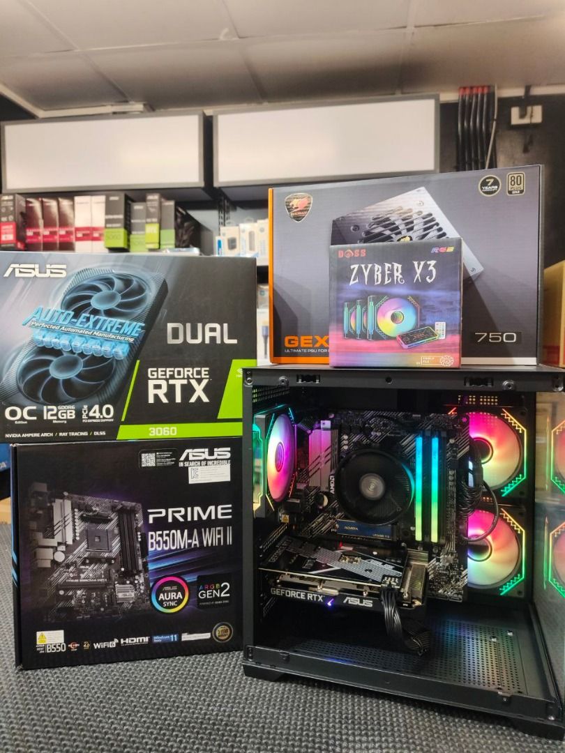 BRANDNEW SYSTEM UNIT GAMING PC WITH WARRANTY (Category: Desktops) located in Caloocan City. Submitted by swiftdeer.cf08f3 (Listing ID 1450170397, Image 2). Description: - Full gaming PC setup - ASUS DUAL RTX 3060 graphics card - ASUS PRIME B550M-A WIFI II motherboard - GEX 750W 80+ Gold power supply - CPU cooler with RGB lighting - All original boxes included - Ready for immediate gaming 🖥️ We offer: ✔ Gaming PC Builds ✔ Work / Office PC Builds 