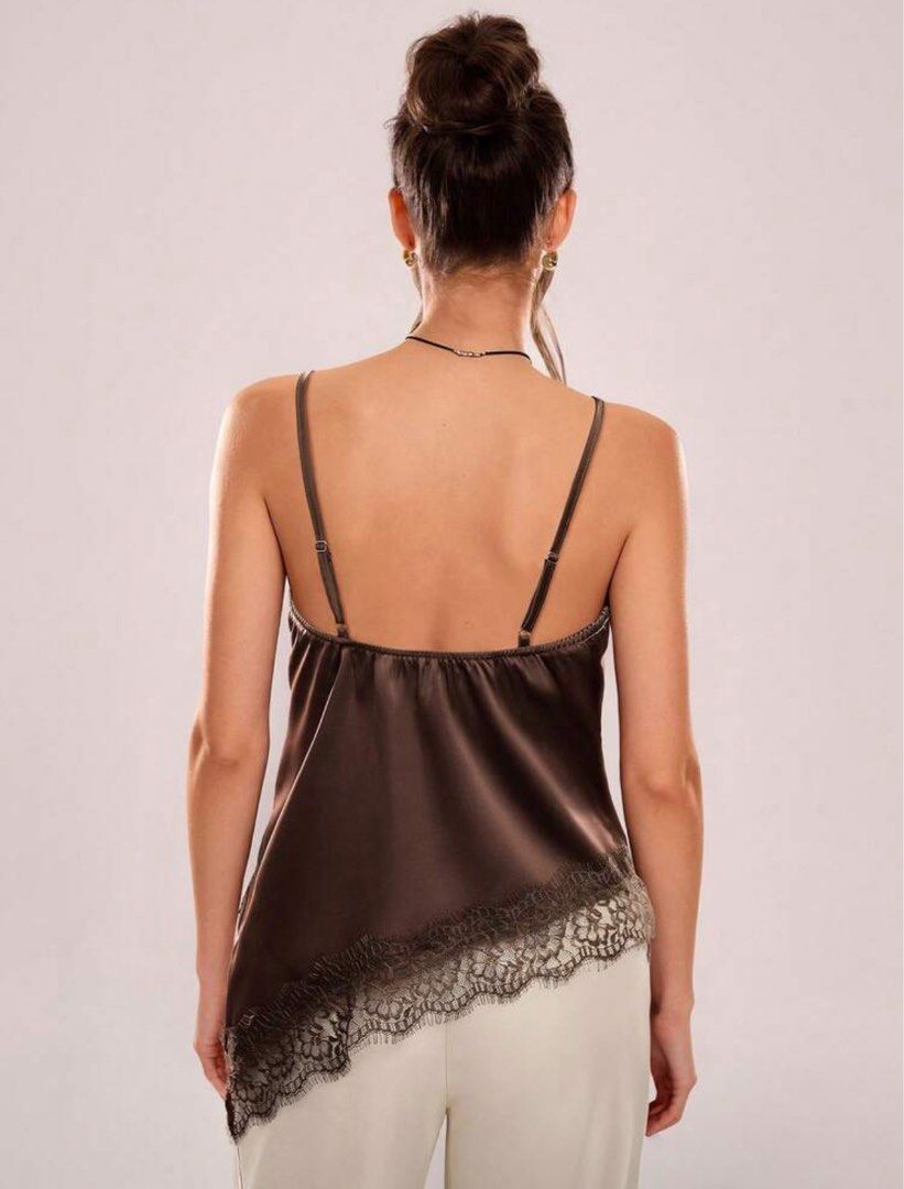 Brown lace asymmetrical camisole top (Category: Sleeveless) located in Taytay. Submitted by bye_bye_stuff (Listing ID 1450288740, Image 2). Description: Brand new Size: small Bust: 85cm Length: 46cm.