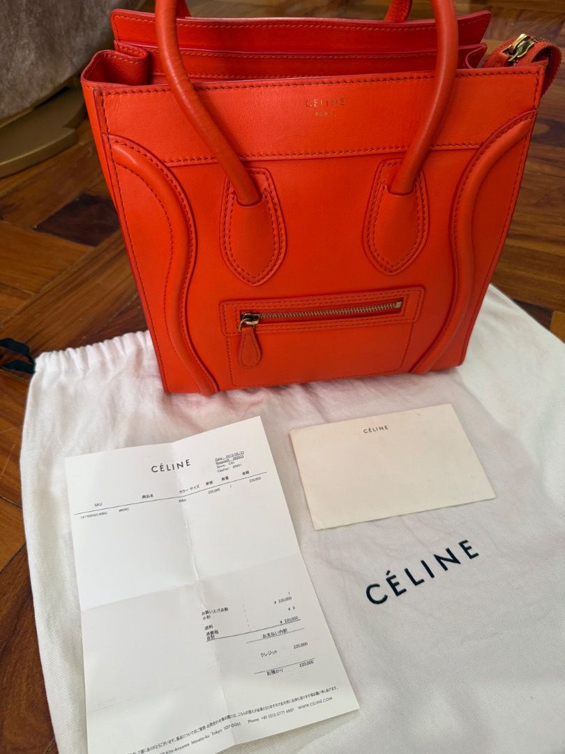 Celine Micro Luggage Tote (Category: Luxury Bags & Wallets) located in Quezon City. Submitted by bianxcloset (Listing ID 1447919901, Image 1). Description: - Authentic Orange Celine Luggage Tote - Made from genuine leather - Convenient front zip pocket - Sturdy top handles for easy carrying - Interior slip pocket for organization - Comes with original dust bag - Ideal for everyday style and practicality.