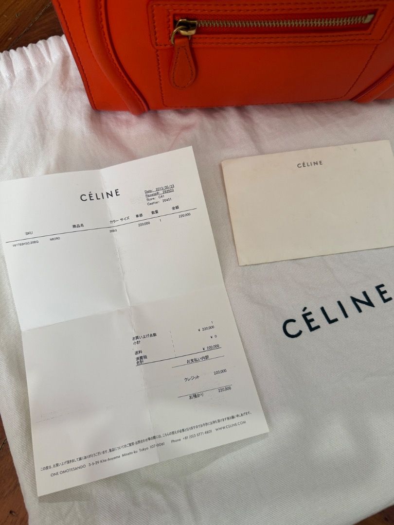 Celine Micro Luggage Tote (Category: Luxury Bags & Wallets) located in Quezon City. Submitted by bianxcloset (Listing ID 1447919901, Image 2). Description: - Authentic Orange Celine Luggage Tote - Made from genuine leather - Convenient front zip pocket - Sturdy top handles for easy carrying - Interior slip pocket for organization - Comes with original dust bag - Ideal for everyday style and practicality.
