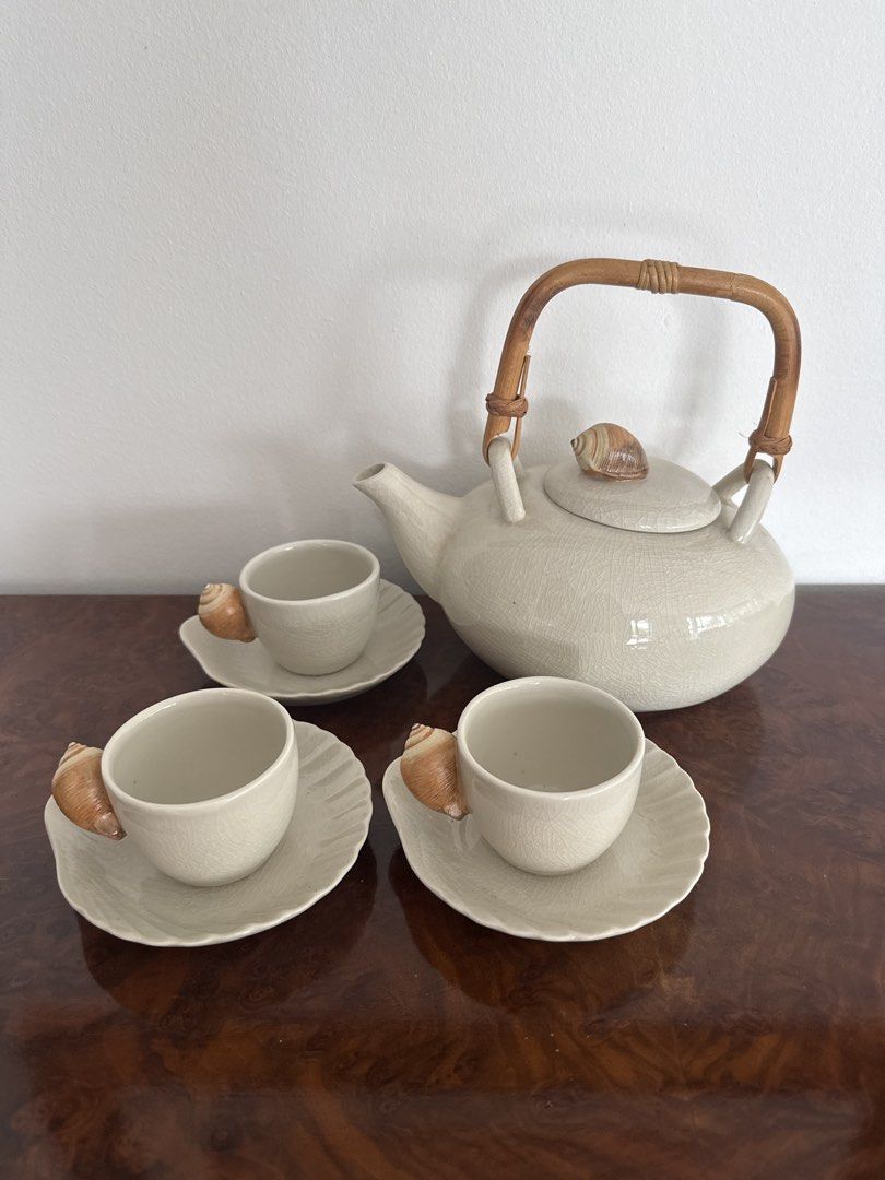 Ceramic Teapot and Cups with Shell Handles
