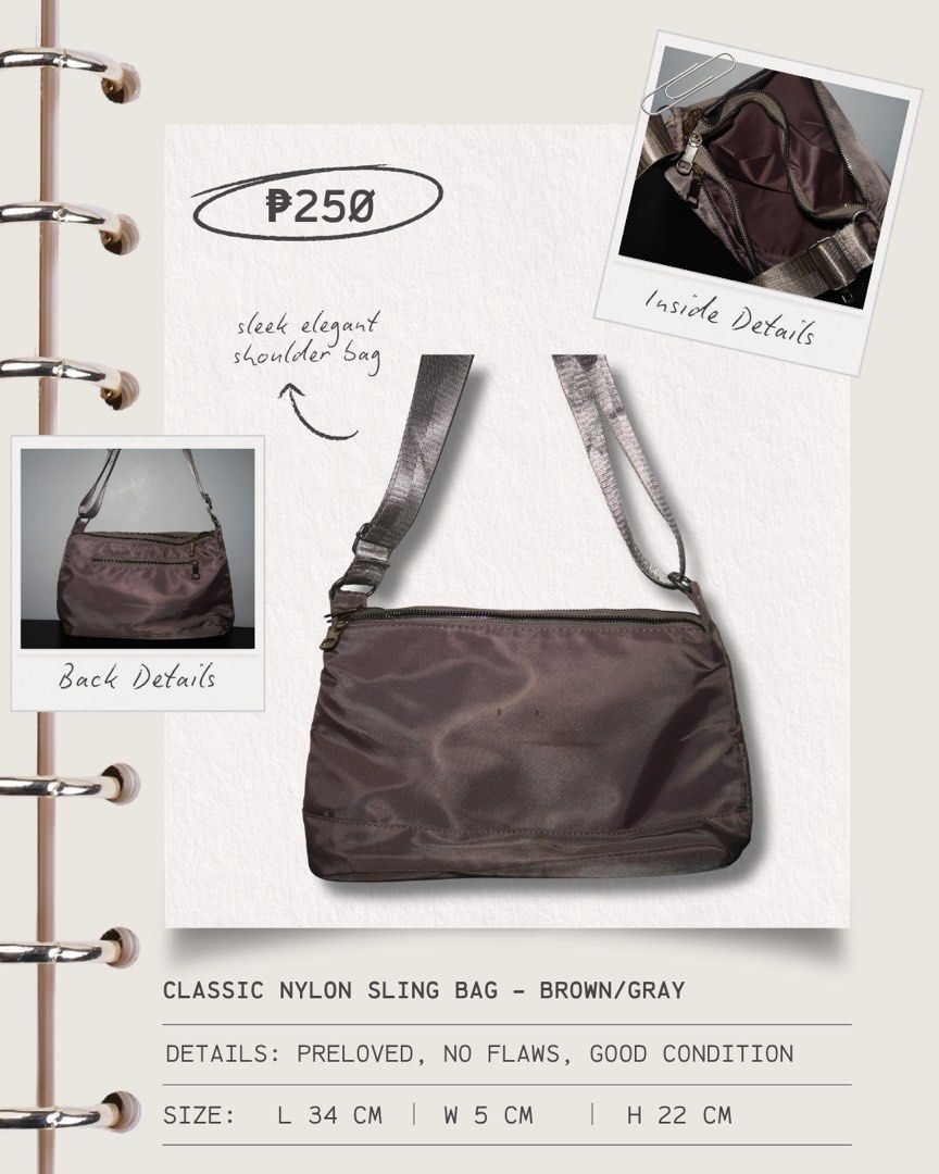 Classic Nylon Sling Bag – Brown/Gray (Category: Shoulder Bags) located in Calamba. Submitted by declutter.rebski (Listing ID 1450275099, Image 1). Description: Classic Nylon Sling Bag – Brown/Gray ₱250 A sleek and lightweight nylon sling bag in a versatile brown-gray shade, perfect for everyday use. Designed with a spacious interior, secure zip closure, and comfortable shoulder strap, this bag offers both style and functionality for casual outing