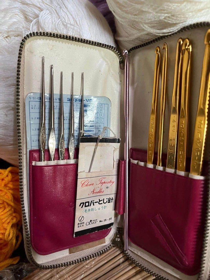Clover Crochet Hooks Set & Assorted Yarn Balls (Category: Craft Supplies & Tools) located in Manila. Submitted by declutbyal (Listing ID 1450156504, Image 2). Description: - Complete crochet and knitting bundle - Includes Clover brand metal crochet hooks (both gold and silver finishes) - Comes with several balls of yarn in green, purple, white, and orange - Also includes wooden knitting needles - Ideal for starting or expanding your crafting supp