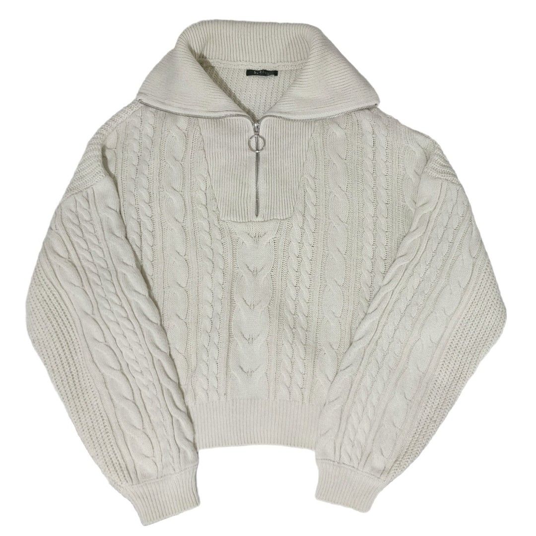 Cream Quarter-Zip Cable-Knit Sweater (Category: Coats, Jackets and Outerwear) located in Manila. Submitted by gothxc (Listing ID 1450293528, Image 1). Description: Measurements: 24.5" Width x 21" Length Condition: 9/10, no issues! Quality: Thick and premium knit, but very comfortable to wear!.