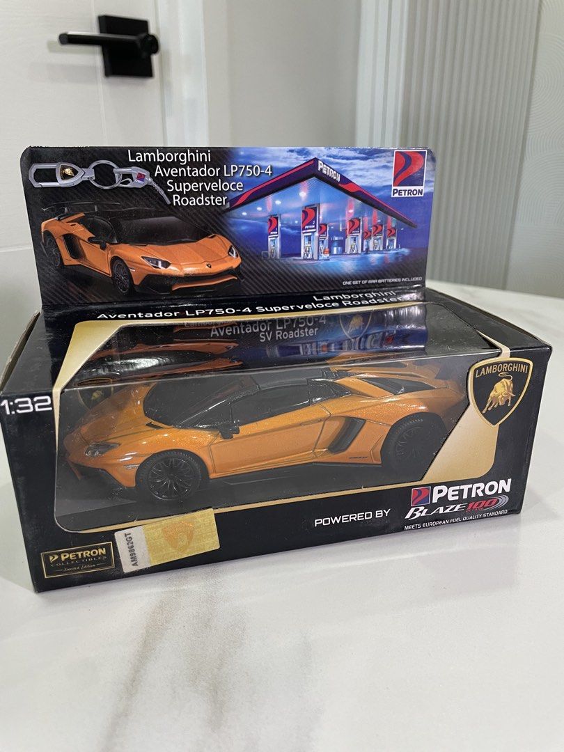 Petron x Lamborghini 1:32 Scale Model Diecast Car Collection (Category: Vehicle & Diecast Models) located in San Juan City. Submitted by declutterdiariesmnl (Listing ID 1450184085, Image 1). Description: - Petron x Lamborghini 1:32 Scale Diecast Car Models - Models Available: - Lamborghini Aventador LP750-4 Superveloce Roadster (Orange) - Lamborghini Aventador LP750-4 Superveloce Roadster (Green) - Lamborghini Huracán LP610-4 Spyder (Blue) - Lamb
