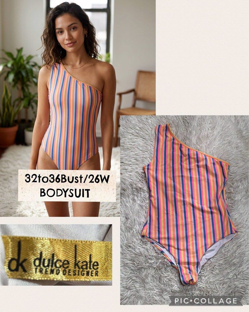 Dulce Kate Striped One-Shoulder Bodysuit 32-36 Bust (Category: Others Tops) located in Marikina City. Submitted by dapple (Listing ID 1450317422, Image 1). Description: - Brand: Dulce Kate - Style: One-shoulder bodysuit - Design: Colorful vertical stripe pattern - Fit: Bust 32-36 inches, Waist 26 inches - Occasion: Ideal for beach days or as a stylish fashion piece.