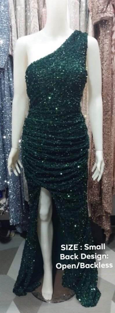 Emerald Green Sequin One-Shoulder Ruched Maxi Dress (Category: Dresses) located in Pasig City. Submitted by itsmery (Listing ID 1450280532, Image 1). Description: - Emerald green sequin dress - One-shoulder design - Ruched body - High leg slit - Backless - Size: Small (S) - Ideal for parties and formal events - Beautifully sparkles under light.