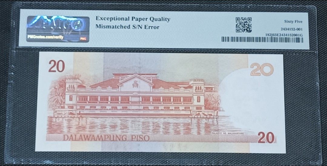 ERROR NOTE: PMG 65 EPQ Philippines 20 Piso Mismatched Serial Number (Category: Currency) located in General Trias. Submitted by phcoincollective (Listing ID 1450189396, Image 2). Description: Rare Mismatched Serial Number Error 20 Piso banknote from the Bangko Sentral ng Pilipinas. This note has been professionally certified and graded by Paper Money Guaranty (PMG) as 65 EPQ (Exceptional Paper Quality), ensuring its pristine, original condition a