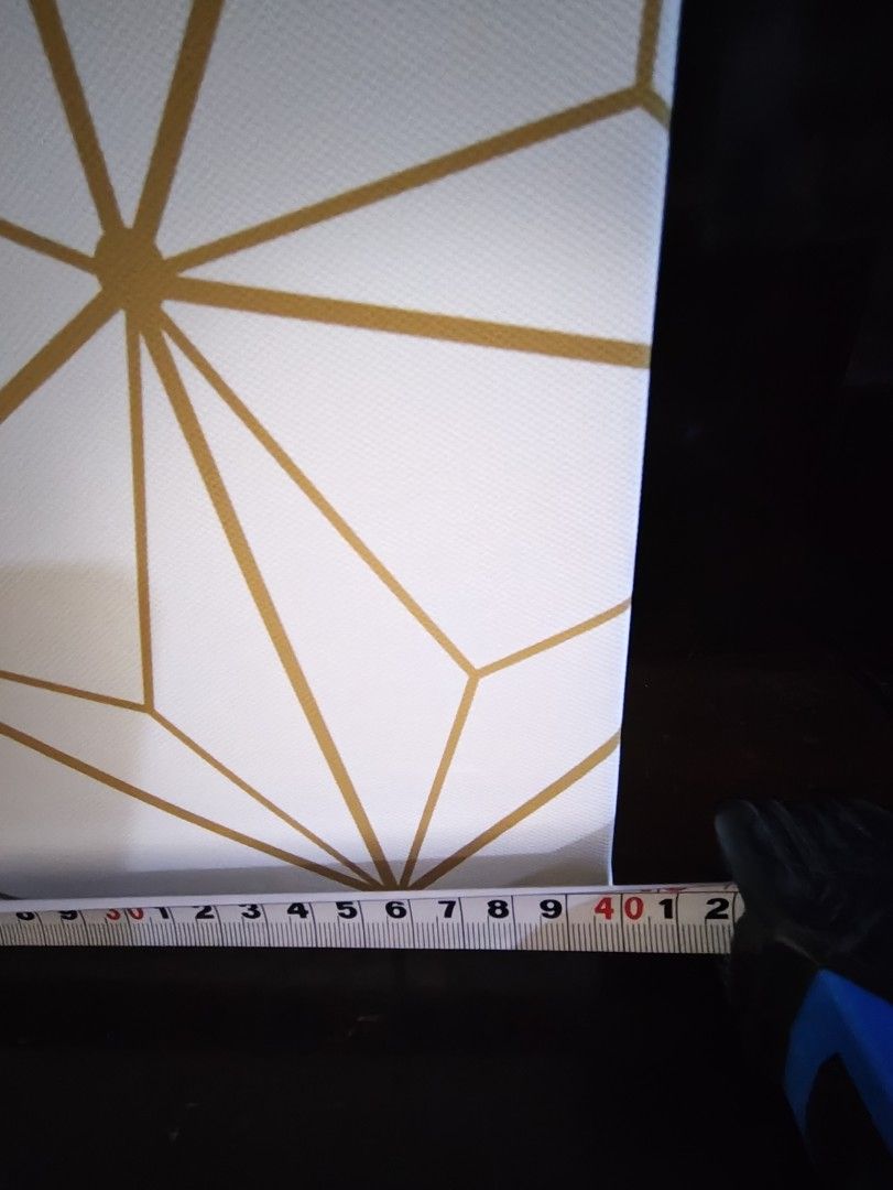 Geometric Gold Line Art Canvas Wall Decor (Category: Wall Decor) located in Caloocan City. Submitted by daj2k-25333 (Listing ID 1450178918, Image 3). Description: - Modern art canvas featuring a white background with a striking gold geometric pattern. - Dimensions: Approximately 40cm x 40cm. - Stretched over a sturdy wooden frame, making it ready to hang immediately. - Perfect for adding a touch of contemporary elegance and shine to your living s