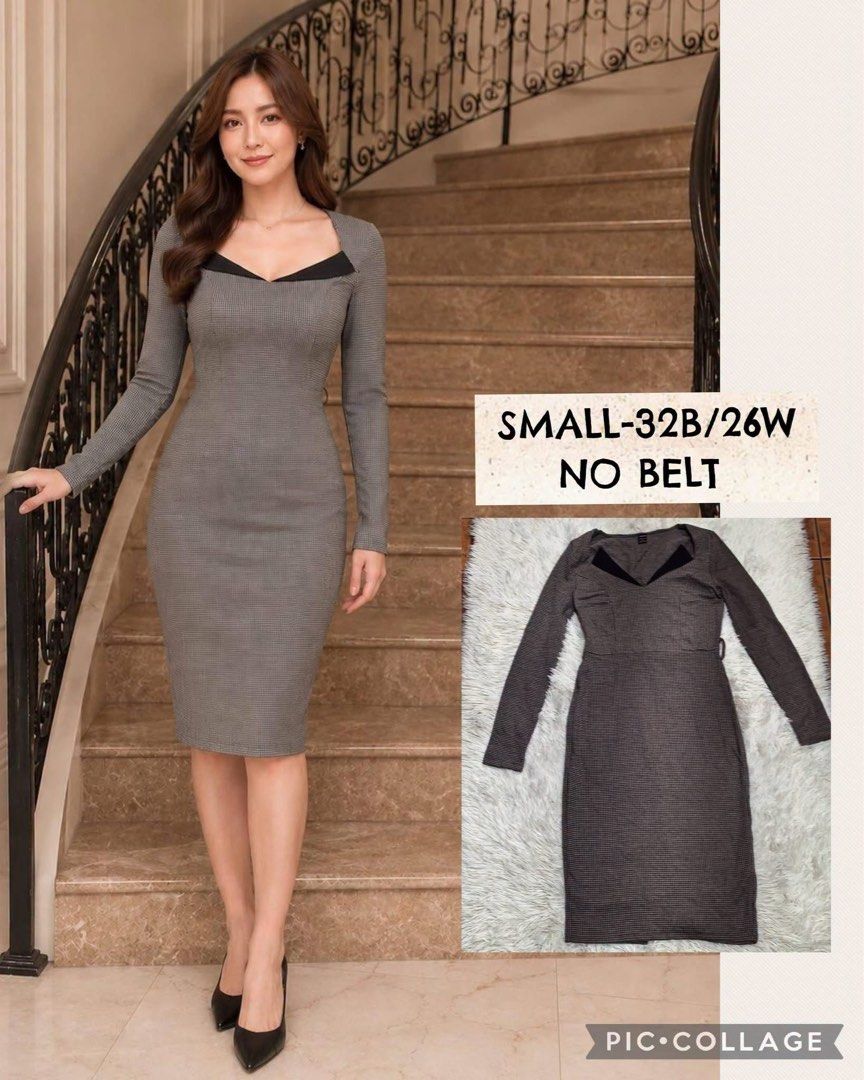 Grey Fitted Dress with Square Neckline - Small (Category: Dresses) located in Marikina City. Submitted by dapple (Listing ID 1450317487, Image 1). Description: - Grey fitted dress - Long sleeves - Unique square neckline with black trim - Knee-length cut - Belt not included - Fits size Small (32B/26W) - Versatile for work or a night out.