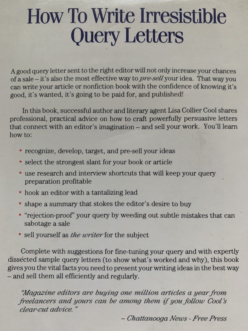 HOW TO WRITE IRRESISTIBLE QUERY LETTERS (Category: Storybooks) located in Paranaque City. Submitted by thingsofold (Listing ID 1450228196, Image 2). Description: By: Lisa Collie Yellow stain on the edges.