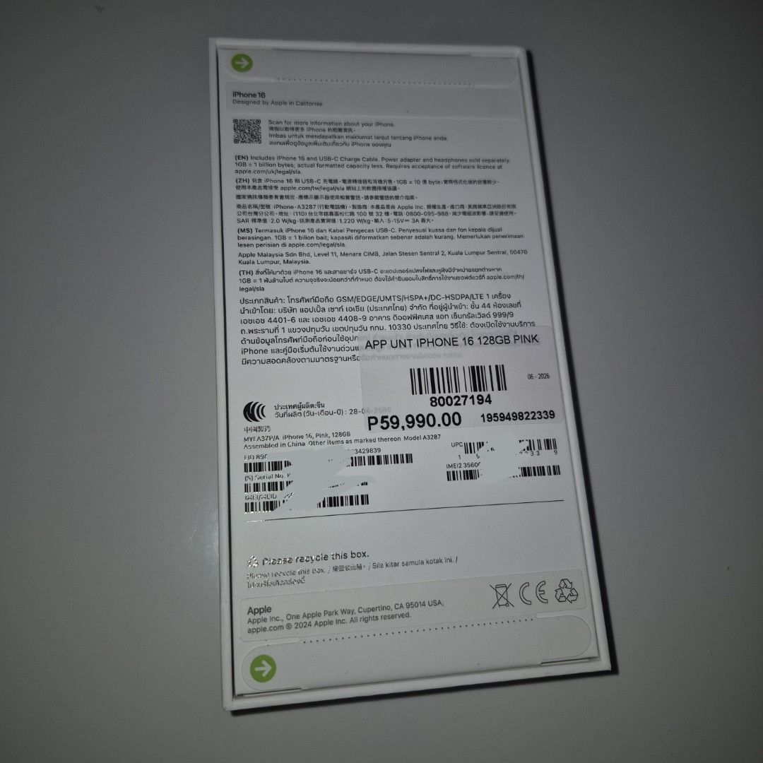 iPhone 16 128gb sealed NTC Openline (Category: iPhone 16 Series) located in Malabon City. Submitted by jfshop_online (Listing ID 1450166831, Image 2). Description: Brandnew Sealed 128gb Pink NTC Openline.