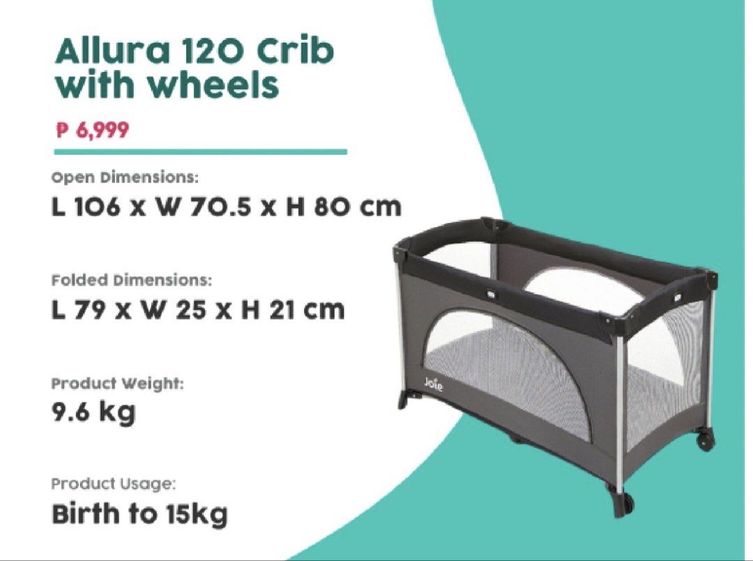 Joie Allura 120 Crib (Category: Cots & Cribs) located in Bulacan. Submitted by mochimeme (Listing ID 1450228198, Image 3). Description: Joie Allura 120 Crib BRAND NEW. Never been used. Box never been opened. .