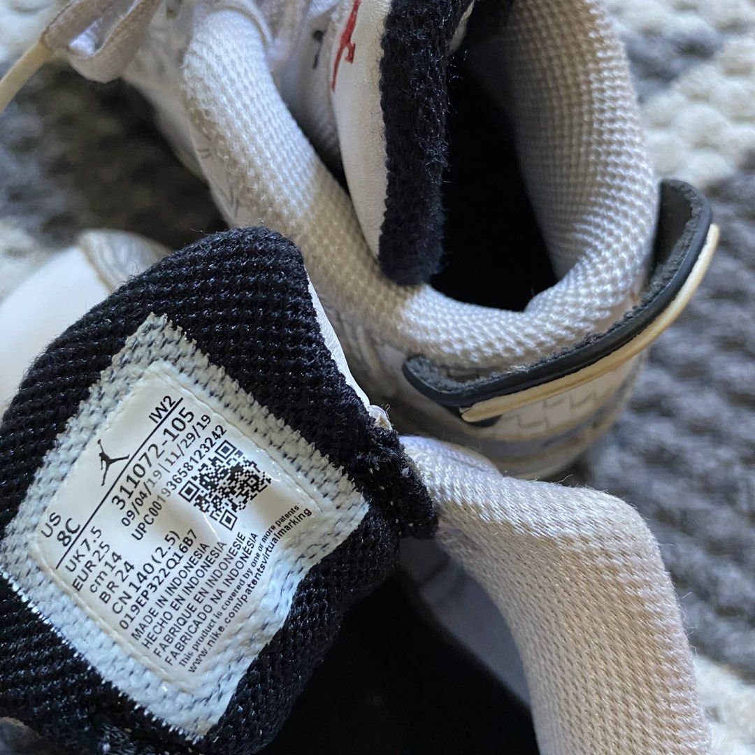 Jordan Kids' Sneakers Size 8C (Category: Babies & Kids Fashion) located in Iloilo. Submitted by declutterbykid (Listing ID 1450146004, Image 3). Description: - White Jordan sneakers for kids - Grey and black accents - Iconic Jumpman logo - White laces - Ideal for everyday wear Negotiable .