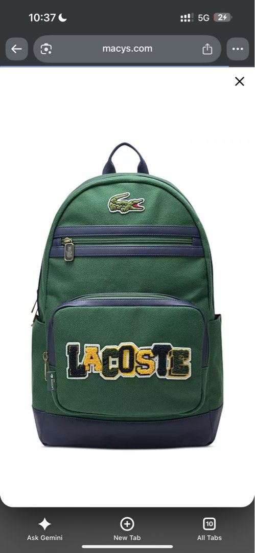 Lacoste Men / Kids Green Backpack with Patch Logo (Category: Backpacks) located in San Juan City. Submitted by unclutterermnl (Listing ID 1450282281, Image 1). Description: Perfect for school, sports, and everything in between, the Lacoste Big Kids varsity backpack offers classic style and smart storage. Product Features Backpack dimensions: 17.75”H x 12”W x 6.25”D Zipper closure Interior mesh pocket; two interior slip pockets Two bottle pockets 