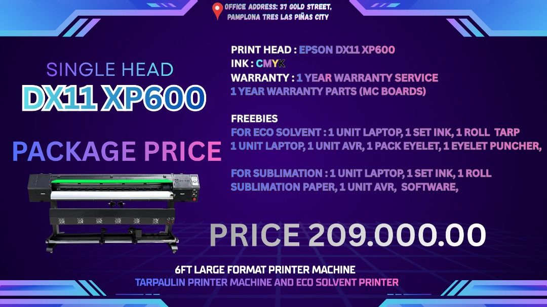 LARGE FORMAT PRINTER MACHINE FOR TARPAULIN MACHINE AND SUBLIMATION MACHINE (Category: Printers, Scanners & Copiers) located in Manila. Submitted by melvinflor41363 (Listing ID 1450142347, Image 1). Description: SUPPLIER HERE! WE ARE LEGIT SUPPLIER OF LARGE FORMAT PRINTER MACHINE Price Starts @ Php159,000 We are legit supplier of Brand New DX11, Dual Head DX11 & i3200 Tarpaulin Sublimation Printer Machine 6ft and 10ft, Brand New Laser Cutter and B