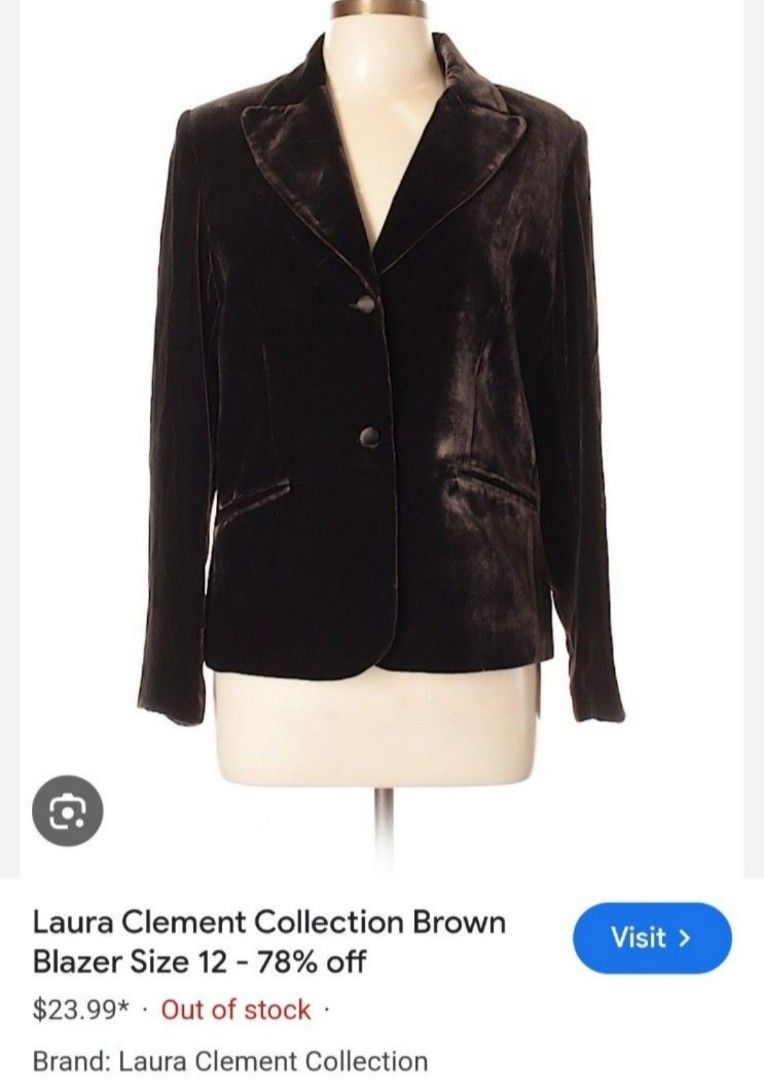Laura Clement Brown Velvet Blazer (Category: Coats, Jackets and Outerwear) located in Manila. Submitted by PrinceDani.Clothing (Listing ID 1450224183, Image 1). Description: Laura clement brown velvet blazer Medium to large fit 19in width 23in length excellent condition .