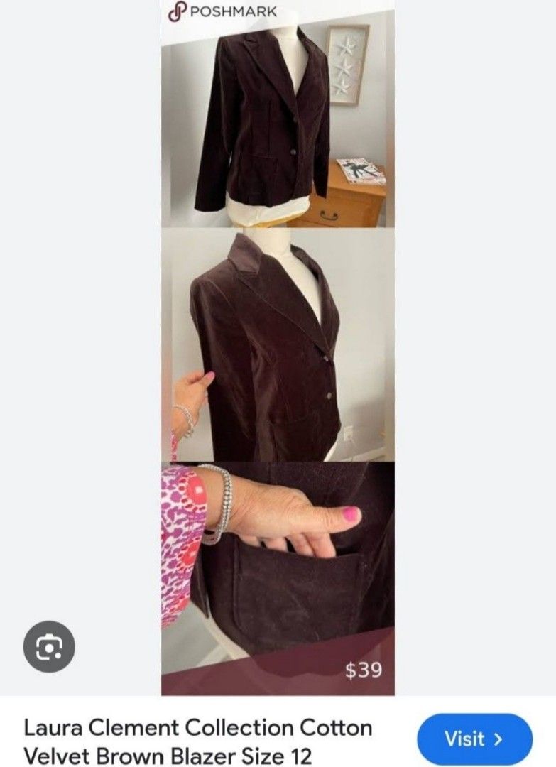 Laura Clement Brown Velvet Blazer (Category: Coats, Jackets and Outerwear) located in Manila. Submitted by PrinceDani.Clothing (Listing ID 1450224183, Image 2). Description: Laura clement brown velvet blazer Medium to large fit 19in width 23in length excellent condition .