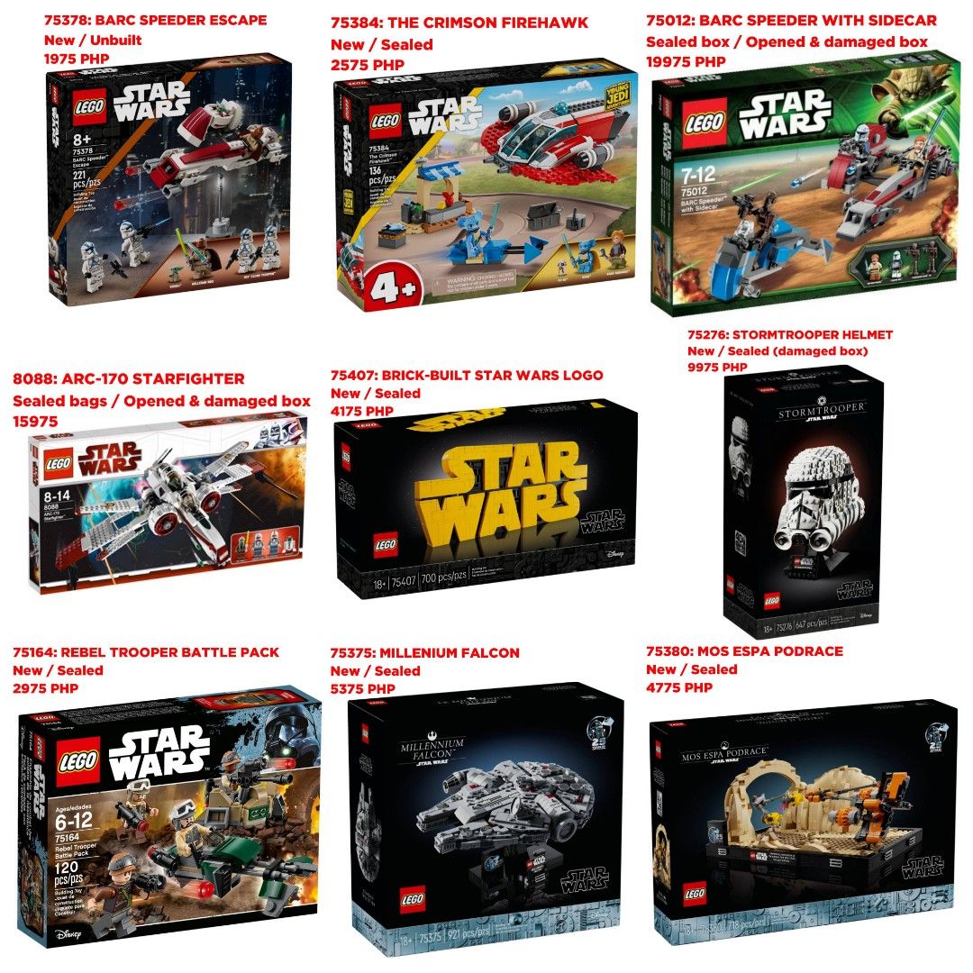 LEGO STAR WARS SETS BATCH 1 (Category: Lego & Building Sets) located in Quezon City. Submitted by pupaj (Listing ID 1450311109, Image 1). Description: LOCATION: Batasan QC area SHIPPING: Via Grab / Lalamove / GoGo Xpress / LBC / ABest Express / J&T Buyer can suggest other shipping options upon negotiation Shipping fee c/o buyer MODE OF PAYMENT: Via BDO / GCash / Maya / COD Item is cross-posted PM for inquiries.