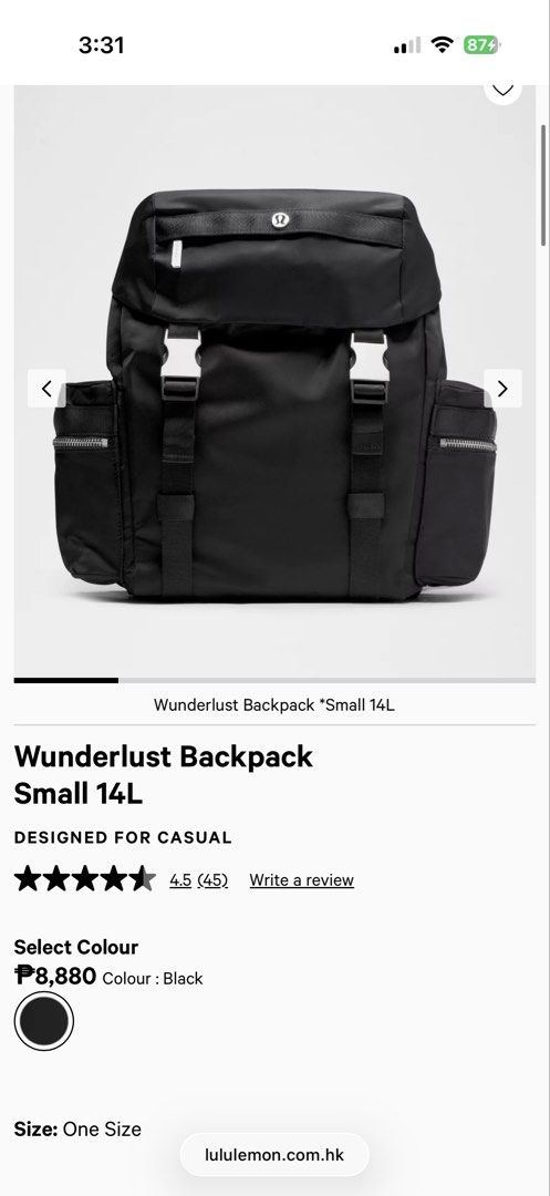Lululemon Wunderlust Backpack Small 14L Black (Category: Backpacks) located in Manila. Submitted by decluttersiris (Listing ID 1450205149, Image 2). Description: - Lululemon Wunderlust Backpack - Size: 14L - Color: Black - Features: Front buckle closure, side zip pockets - Ideal for: Everyday use, travel - Ample interior space.