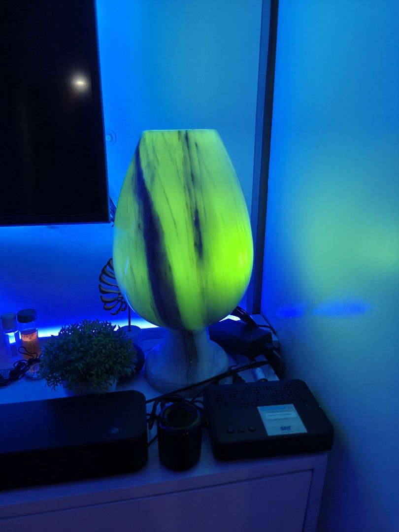 Solid Marble Table Lamp (Category: Lighting) located in Pasig City. Submitted by phonefanatic (Listing ID 1443528200, Image 2). Description: - Unique egg-shaped table lamp made from solid marble - Beautiful marble-like finish with white and beige swirls - Creates a soft, ambient glow - Ideal for bedside tables or living room accents - Very Heavy - Comes with a power cord.