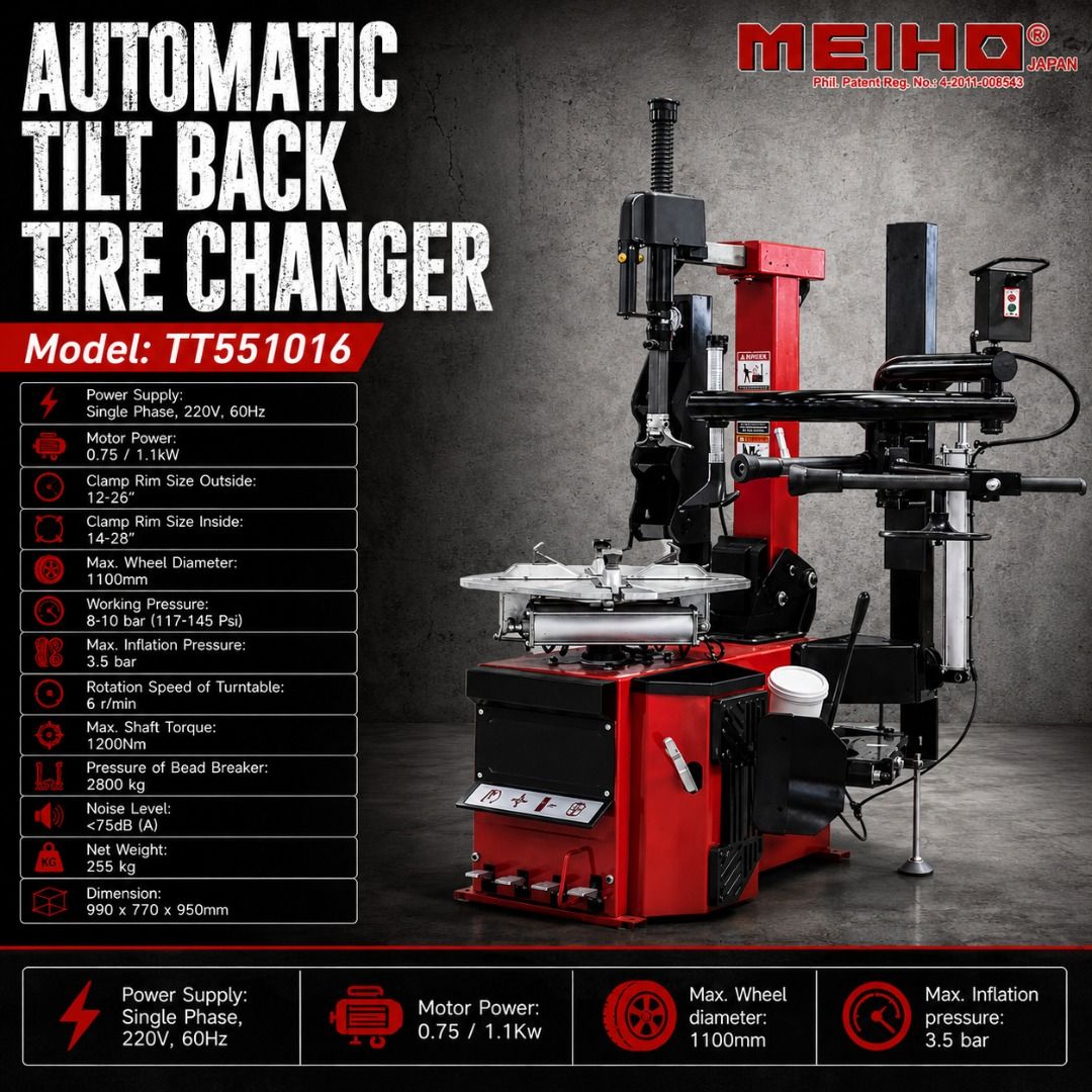 Meiho Automatic Tilt Back Tire Changer TT551016 (Category: Construction Tools & Equipment) located in Manila. Submitted by homecareph (Listing ID 1252263151, Image 1). Description: 07-17-2026 ✅For Sale!!! ✅Retail / Wholesale ✅MEIHO AUTOMATIC TILT BACK TIRE CHANGER ✅Model: TT551016 • Power Supply: Single phase, 220V, 60Hz • Motor Power: 0.75 / 1.1kW • Clamp rim side outside: 12-26” • Clamp rim size inside: 14-28” • Max. Wheel diameter: 1100mm • Wo