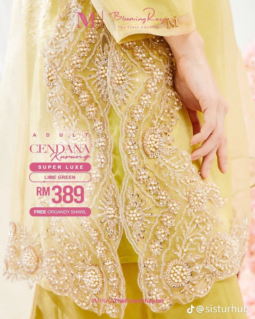 MINAZ Blooming Raya Cendana Kurung Super Luxe Lime Green (Category: Baju Kurung & sets) located in Sungai Buloh. Submitted by imankamarul (Listing ID 1450241992, Image 3). Description: - Made with Super Luxe material - lime green color - Features intricate beadwork and embroidery - Comes with a matching organza shawl - Perfect for Raya celebrations and special occasions - Please refer to the measurement chart for sizing - Negotiable.
