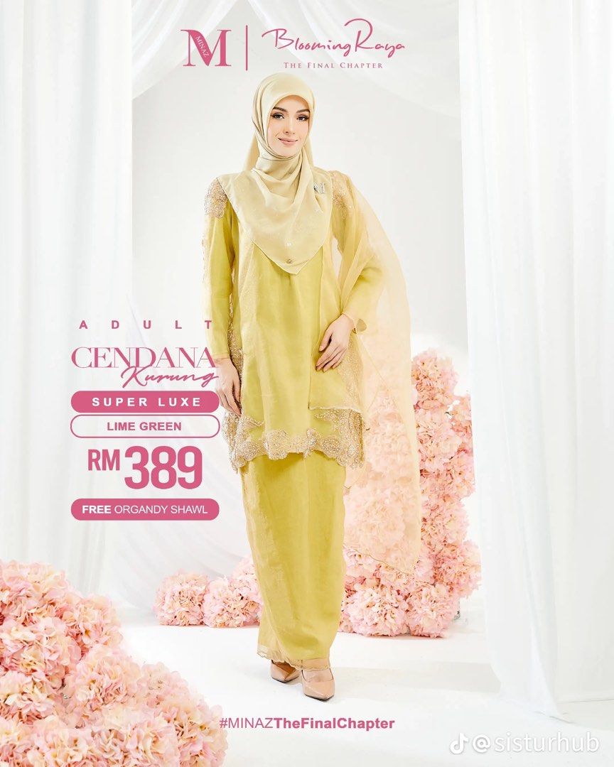 MINAZ Blooming Raya Cendana Kurung Super Luxe Lime Green (Category: Baju Kurung & sets) located in Sungai Buloh. Submitted by imankamarul (Listing ID 1450241992, Image 2). Description: - Made with Super Luxe material - lime green color - Features intricate beadwork and embroidery - Comes with a matching organza shawl - Perfect for Raya celebrations and special occasions - Please refer to the measurement chart for sizing - Negotiable.