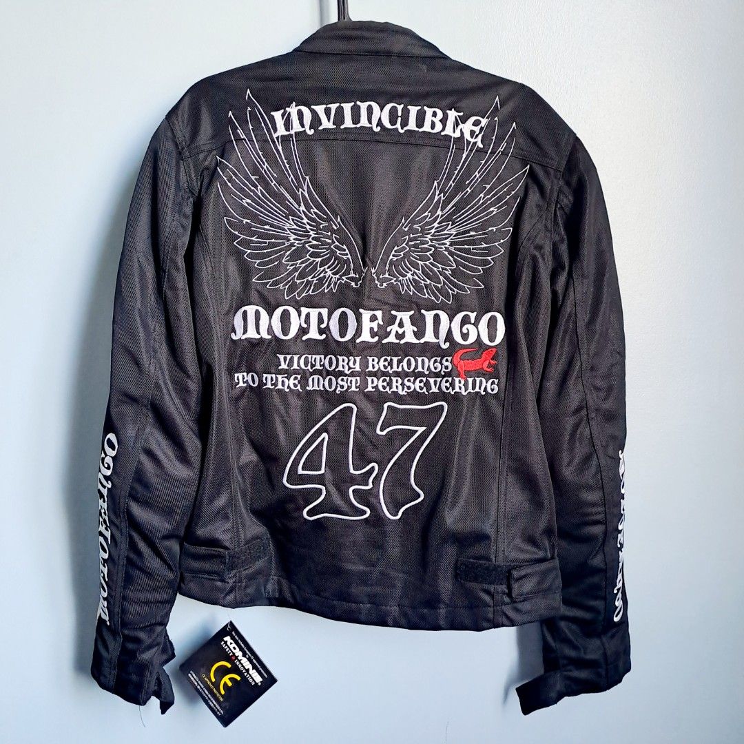 Motofango Racing Motorcycle Jacket CE Approved Protectors (Category: Coats, Jackets and Outerwear) located in Manila. Submitted by moccayap23686 (Listing ID 1450143273, Image 1). Description: - Motofango Racing Jacket - Size: L - Color: Black with white and cream racing stripes - Graphics: 'Invincible' and 'Motofango Racing' on back and front - Protection: CE approved protectors by Komine - Ideal for: Riding - never used.