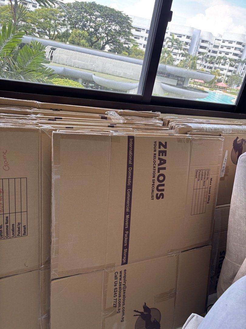 Moving Boxes (Category: Storage Boxes & Baskets) located in Singapore. Submitted by Whiteknight (Listing ID 1450149783, Image 2). Description: - Stack of moving boxes available - Suitable for storage or moving house - Various sizes included - Some boxes may have labels - Limited stock, buy now! - I have got approx 40-50 boxes take all for $50 or each one for $2.