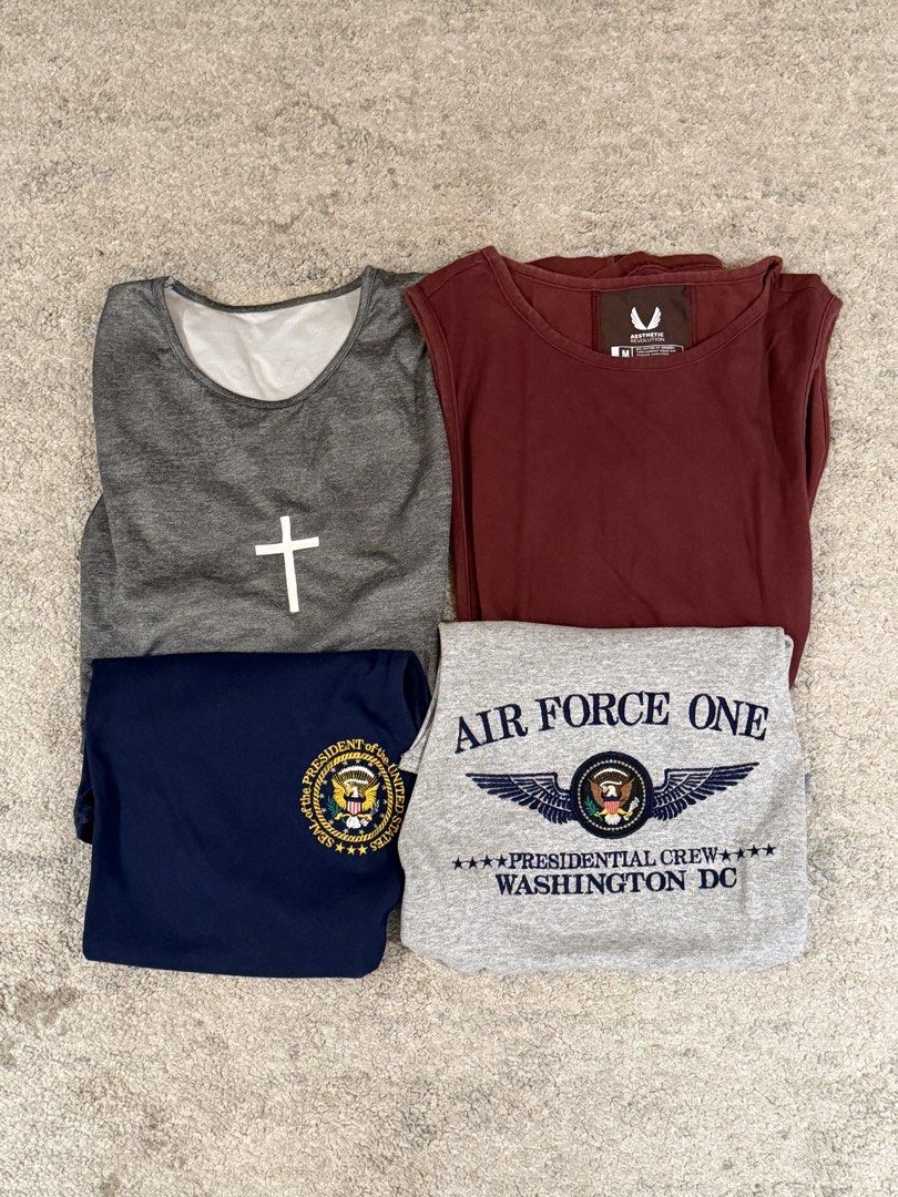 Muscle Tank Bundle (Category: Activewear) located in Manila. Submitted by decluttersiris (Listing ID 1450234760, Image 2). Description: - Bundle of 4 t-shirts, all size Medium. - Includes: Navy blue Presidential Seal tee, Grey Air Force One Presidential Crew shirt, Grey t-shirt with white cross, Maroon Aesthetic Revolution tank top. - Tank top material: 95% cotton, 5% spandex. - Ideal for everyday casual wear..