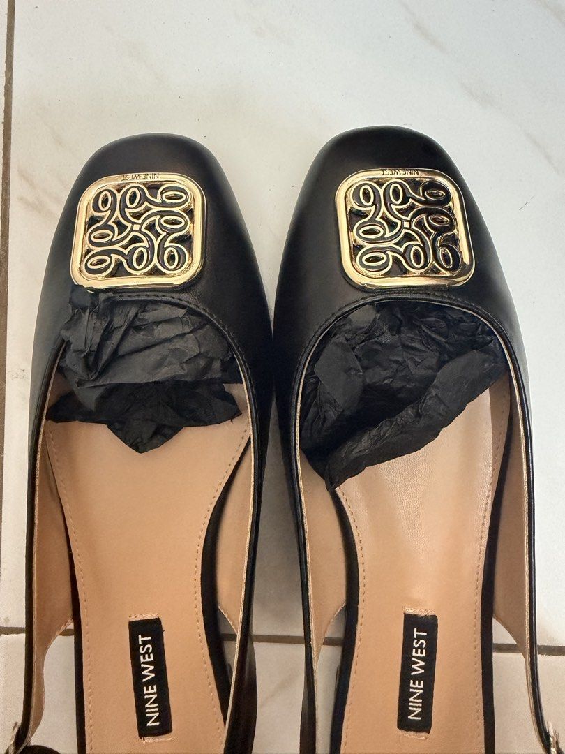 Nine West Black Slingback Flats - Size 39 (Category: Flats & Sandals) located in Bacoor. Submitted by hellonikka (Listing ID 1450296515, Image 2). Description: - Brand: Nine West - Model: Honore 5FX - Type: Black Slingback Flats - Features: Gold-tone square embellishment on toe, adjustable ankle strap - Includes: Original box RFS: Wrong size Bought it for 3,950 .