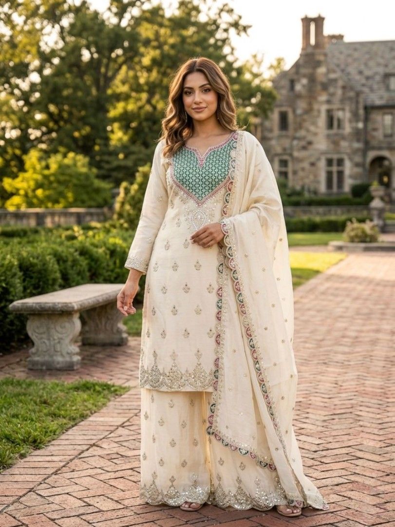 Palazzo suit (Category: Evening dresses & gowns) located in Singapore. Submitted by queenscorner (Listing ID 1450164310, Image 1). Description: *Series New Designer Party Sharara Suit & Dupatta Set* *FULLY STITCHED* *WW-G 6000* *DETAILS* *TOP* *FABRIC*: Chinon Silk *INER LINE* Micro Silk *WORK* : Embroidery coding Siqunce Work with hands works 🪞mirror diamonds 💎 *SIZE* : M/L/XL/XXL *LENGTH*: 36 *NECK* : Rownd *SLEEVES*: 20 Inches *PALAZZO* *FAB
