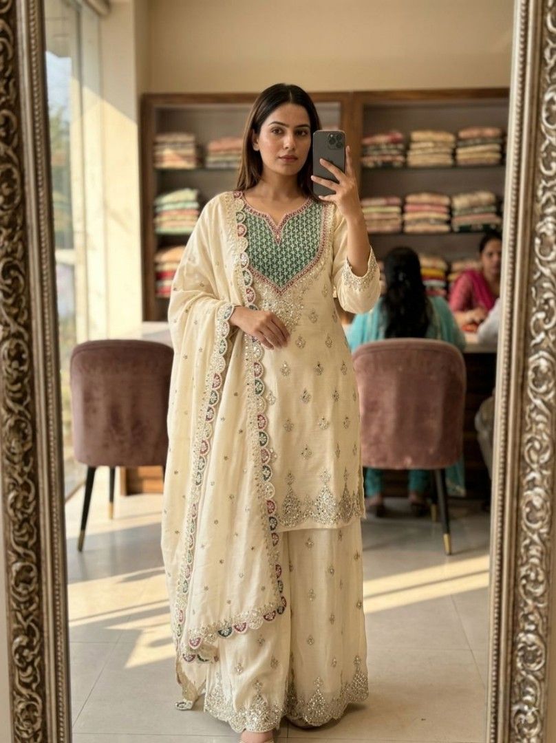 Palazzo suit (Category: Evening dresses & gowns) located in Singapore. Submitted by queenscorner (Listing ID 1450164310, Image 2). Description: *Series New Designer Party Sharara Suit & Dupatta Set* *FULLY STITCHED* *WW-G 6000* *DETAILS* *TOP* *FABRIC*: Chinon Silk *INER LINE* Micro Silk *WORK* : Embroidery coding Siqunce Work with hands works 🪞mirror diamonds 💎 *SIZE* : M/L/XL/XXL *LENGTH*: 36 *NECK* : Rownd *SLEEVES*: 20 Inches *PALAZZO* *FAB
