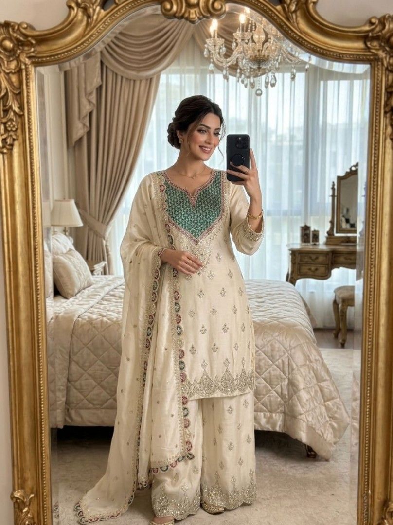Palazzo suit (Category: Evening dresses & gowns) located in Singapore. Submitted by queenscorner (Listing ID 1450164310, Image 3). Description: *Series New Designer Party Sharara Suit & Dupatta Set* *FULLY STITCHED* *WW-G 6000* *DETAILS* *TOP* *FABRIC*: Chinon Silk *INER LINE* Micro Silk *WORK* : Embroidery coding Siqunce Work with hands works 🪞mirror diamonds 💎 *SIZE* : M/L/XL/XXL *LENGTH*: 36 *NECK* : Rownd *SLEEVES*: 20 Inches *PALAZZO* *FAB