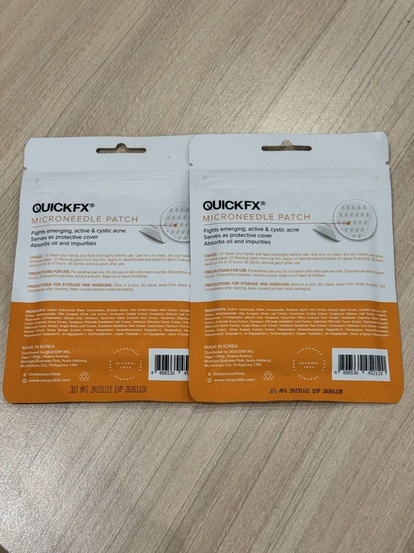 QUICKFX Pimple Eraser Spot Patch 9 Patches (Category: Face Care) located in Malabon City. Submitted by niqnaqs (Listing ID 1450218951, Image 2). Description: - 2 packs of QUICKFX Pimple Eraser Spot Patches - Each pack contains 9 patches - Uses advanced microneedle technology to target and treat pimples - Effectively absorbs excess oil and impurities from the skin - Ideal for emerging, active, and cystic acne - ₱300 for 1 - ₱550 for both - RFS: Bo