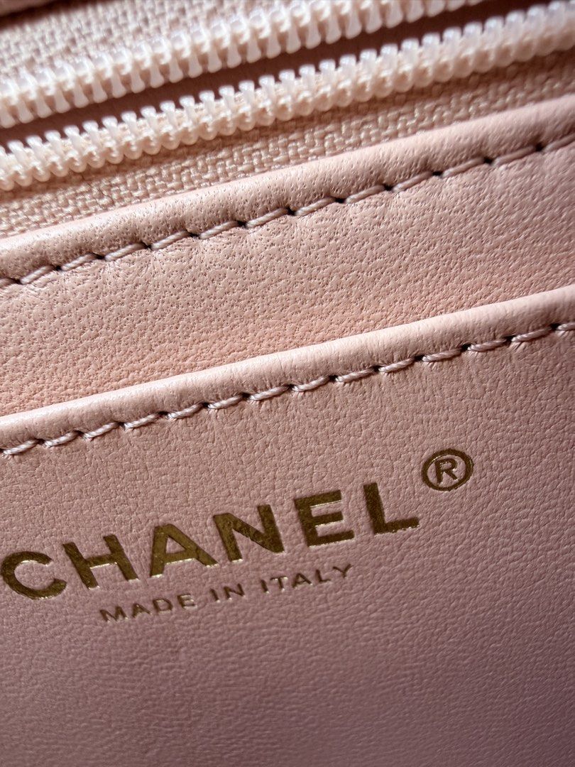 Rare SP26 Chanel Mini Flap Top Handle Light Pink (Category: Luxury Bags & Wallets) located in Subic. Submitted by kristinebelleza (Listing ID 1450146789, Image 3). Description: - Chanel AS4711 Mini Flap with Top Handle - Color: Light pink - Hardware: rosegold - Condition: Gently used once - Flaw: Very minor corner scratch - Authenticity: RFID intact - Includes: Original receipt, box, dust bag, ribbon, camellia, and shopping bag - Origin: Purchase