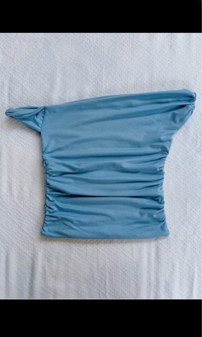ruched asymmetrical tops (brown & blue) (Category: Others Tops) located in San Pablo. Submitted by mallowclouds (Listing ID 1450276245, Image 3). Description: ₱300 for both brown and blue - fits M-L (bust 35-38 in, waist 30-32 in, length 16in) - bought from 12|20 on tiktok shop.