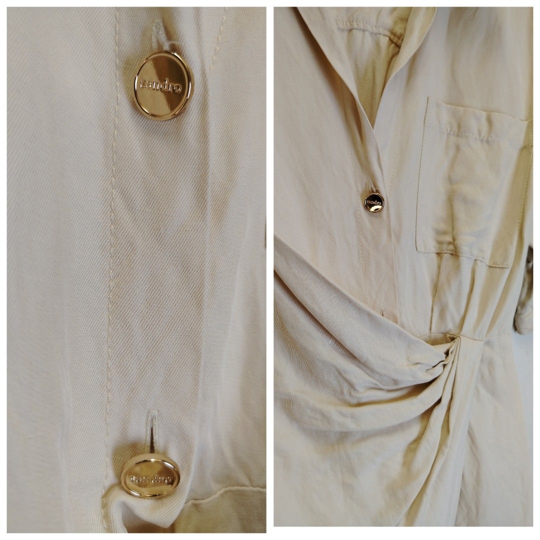 Sandro Beige draped Twisted Shirt Dress (Category: Luxury Apparel) located in Makati City. Submitted by lilsuzies (Listing ID 1450290855, Image 2). Description: -authentic - Beige Sandro shirt dress - bust 36 waistline 28-32 Length33. 5 - Short sleeves - Collared neckline - Unique twisted detail at the waist - Gold-tone buttons with Sandro logo - Versatile for dressing up or down - Perfect for a chic, casual look.