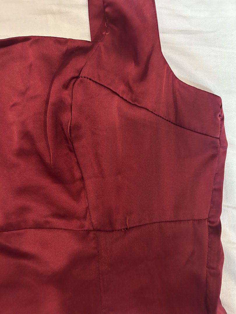 Satin Square Neck Sleeveless Mini Dress (Category: Dresses) located in Quezon City. Submitted by f8scloset (Listing ID 1450285734, Image 2). Description: - Elegant burgundy satin dress - Flattering square neckline - Fitted bodice with a graceful A-line skirt - Sleeveless design, ideal for events - Perfect for parties and special occasions - Stitching details visible in photos.